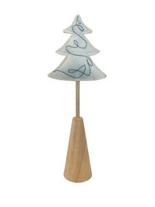 White Fabric Tree with Blue detail / Wood Base
