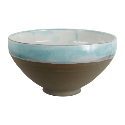 Lg Light Blue Bowl With White Inside And Brown Base