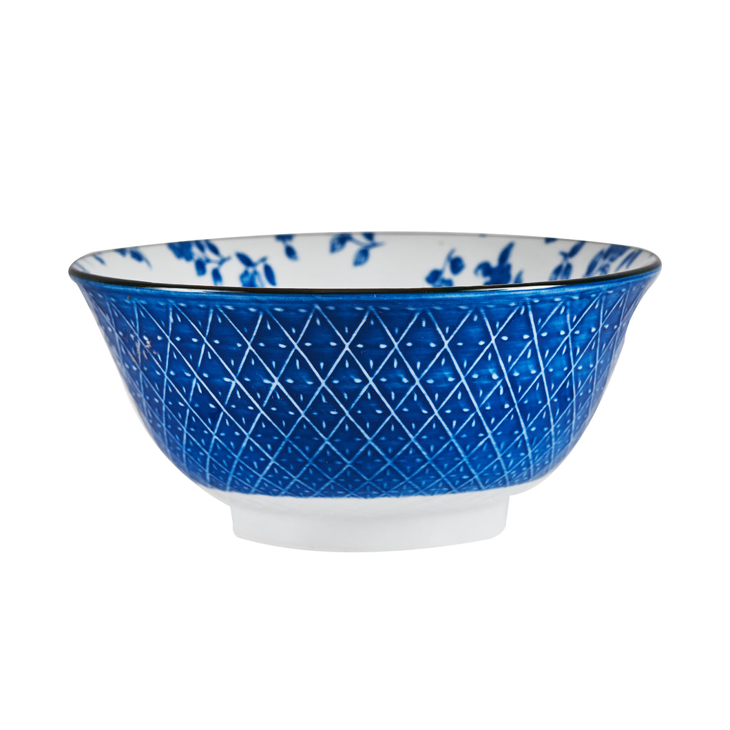 Sm Blue Cross-Hatch Patterned Bowl With Floral Interior