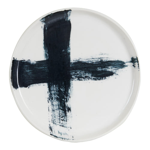 Lg White Plate With Dark Blue Paint Brush Streaks