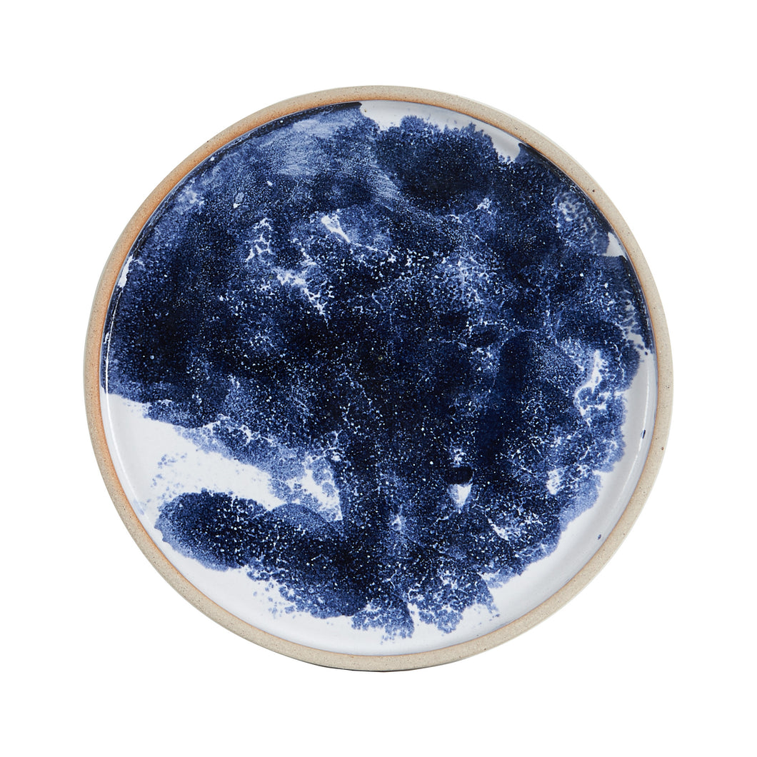 White Plate w/ Dark Blue Design & Beige Rim