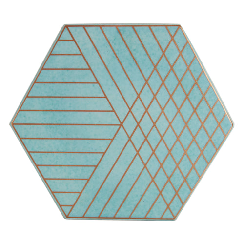 Blue Hexagon Ceramic Trivet w/ Gold Design