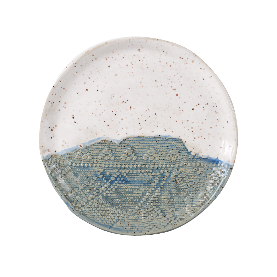 Md White Speckled Plate With Blue/Beige Design
