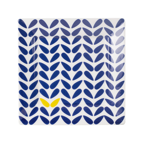Md Square White Plate With Blue And Yellow Pattern
