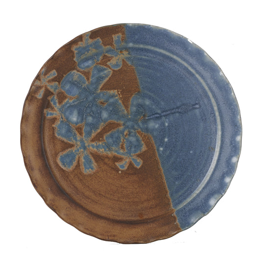 Lg Blue And Brown Plate With Flower Design