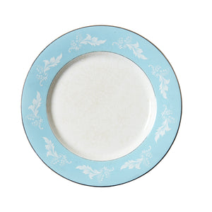 Lg Light Blue Rimmed Plate With White Foliage Pattern