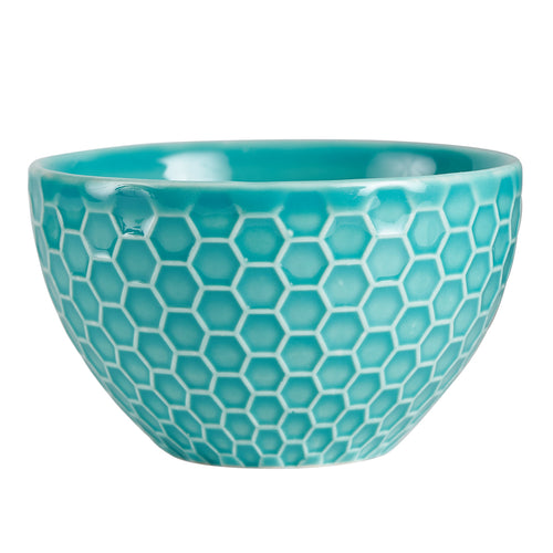 Sm Teal Bowl With Hexagon Patterned Exterior
