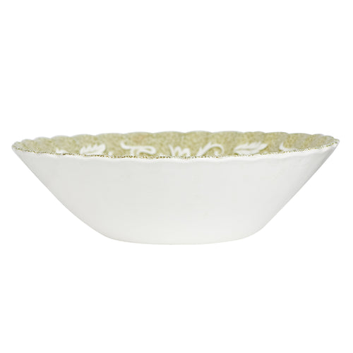Md White Bowl With Green Patterned Interior