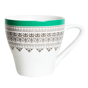 White Mug With Patterned Green And Black Rim