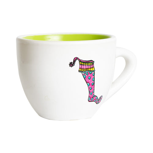 White Tea Cup With Pink Design And Green Interior