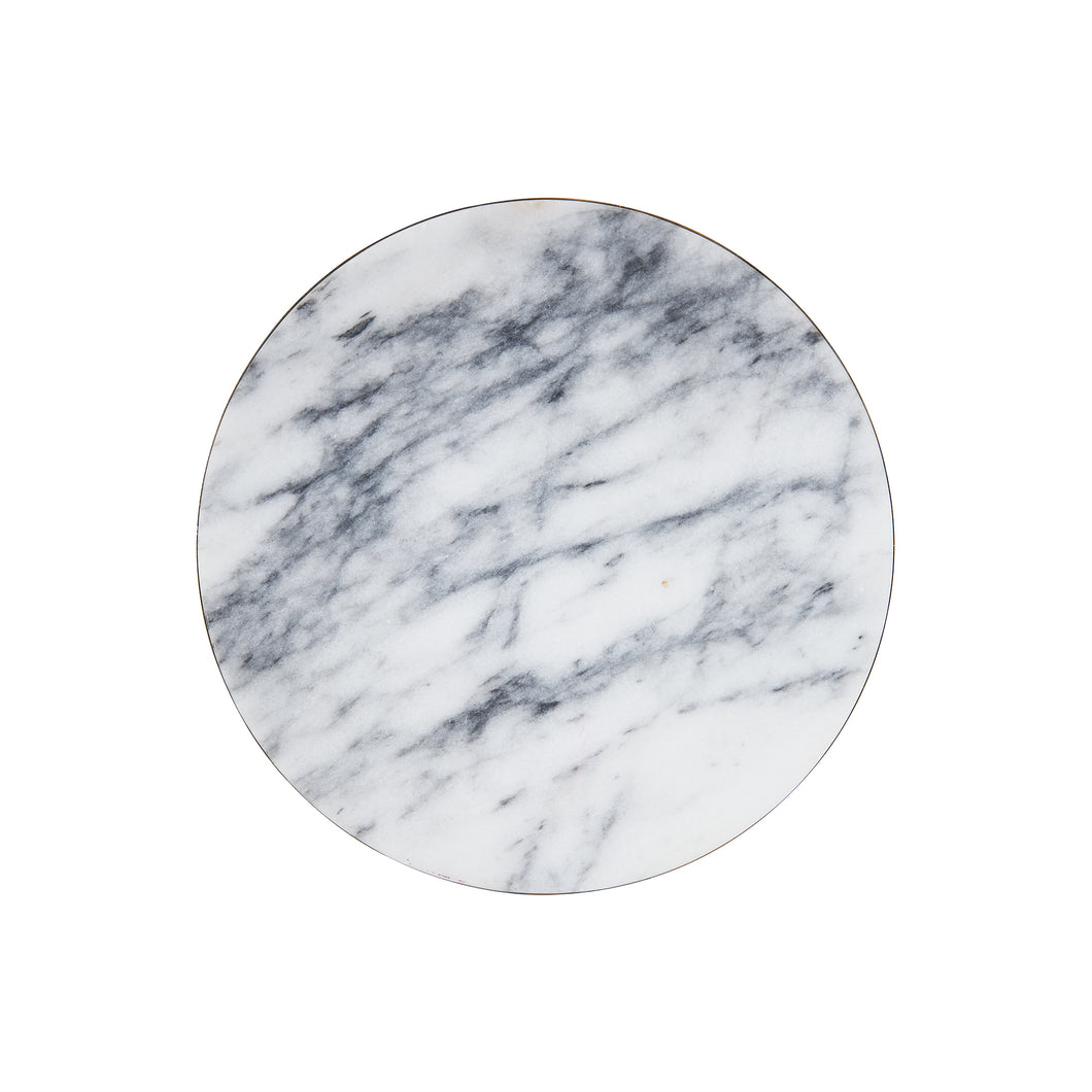 White Circular Marble Board With Dark Grey Veins And A Gold Edge