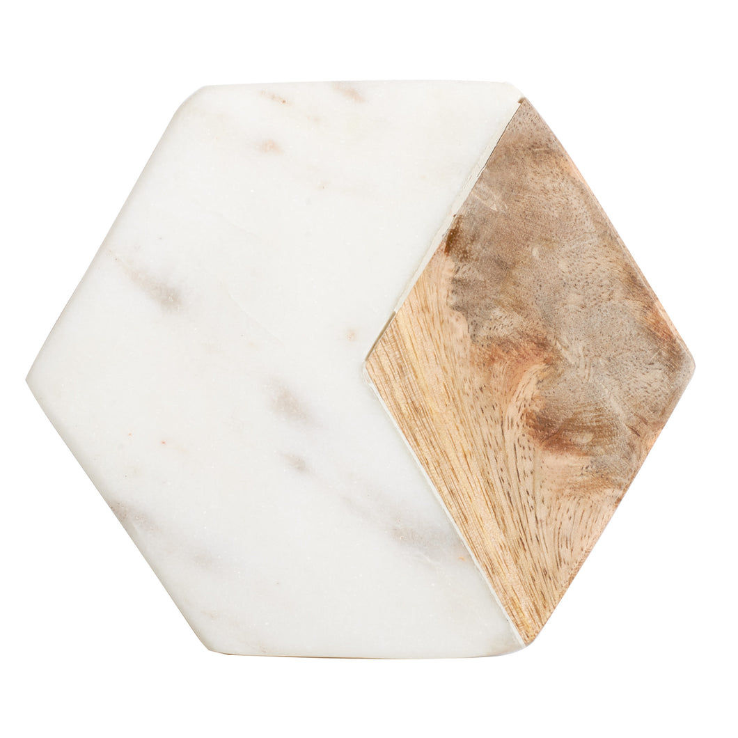 White Square Marble Coaster With Wood Accent