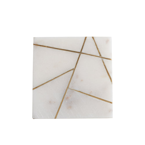 White Marble Coaster With Geometric Gold Design
