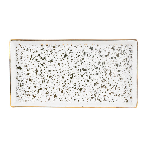 White Rectangle Platter With Gold Speckles And Rim